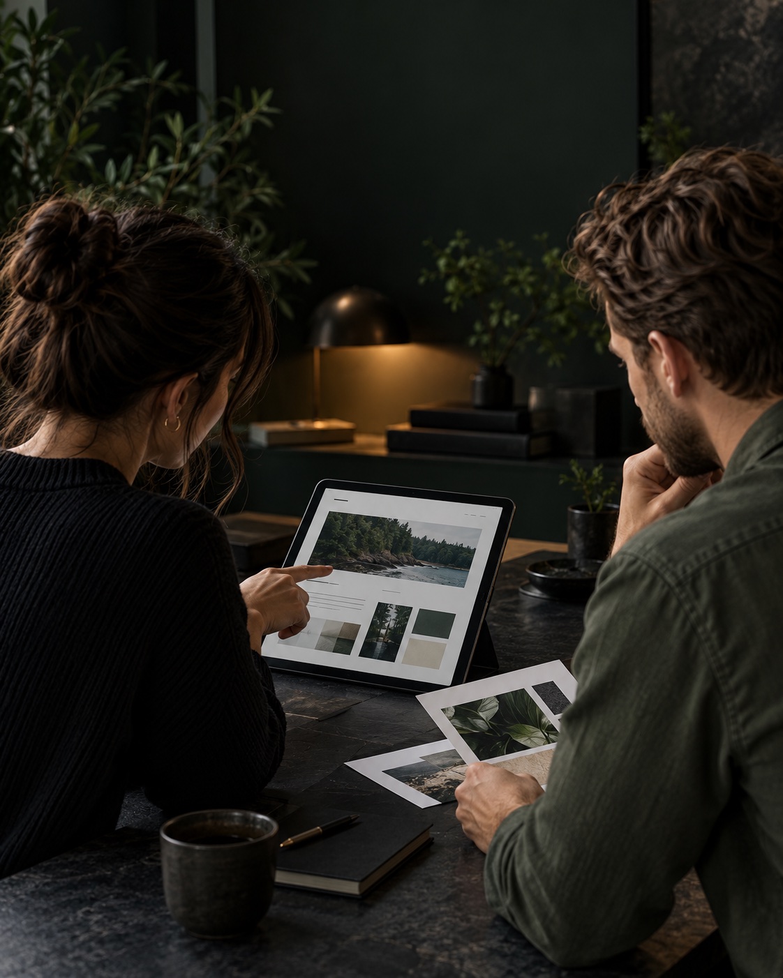 Zwei Menschen besprechen gemeinsam die Weiterentwicklung einer Website am Tablet