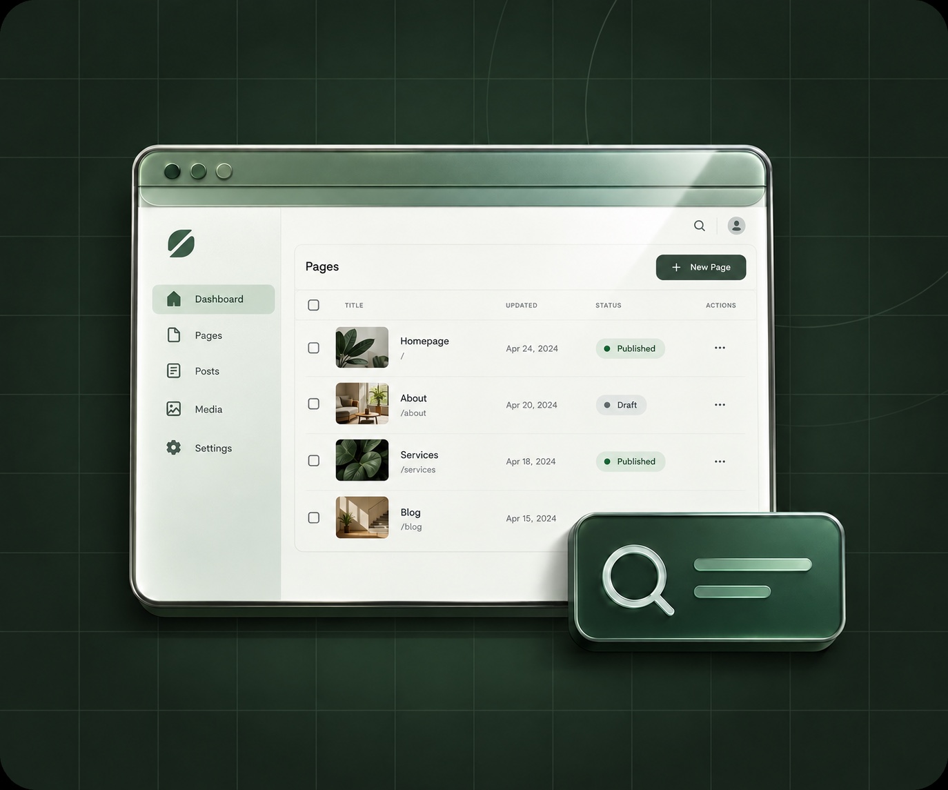 Fiktive Website-Plattform in einem realistisch gerenderten Browserfenster mit vorgelagerter Suchkarte