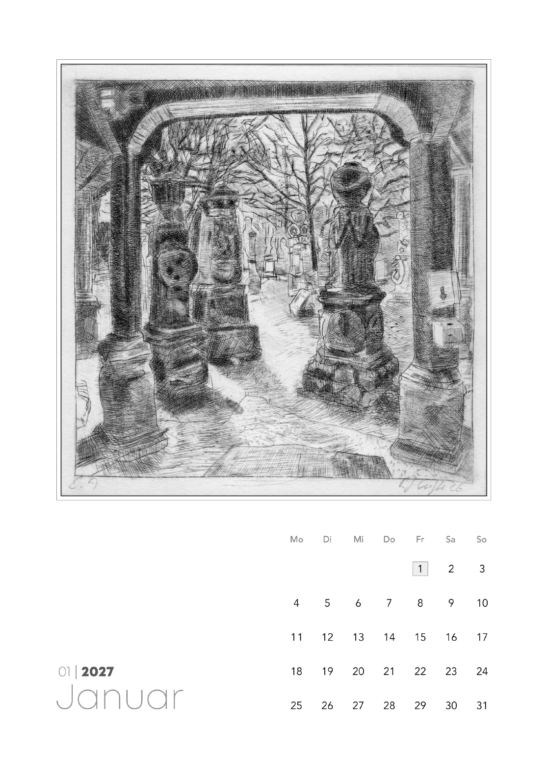 Januar-Kalenderblatt mit Druckgrafik des Rundbogenportals und Kalendarium